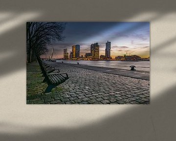 Rotterdam Skyline, zonsopkomst met uitzicht op kop van zuid