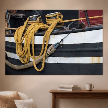 Yellow draped rope on a fishing boat