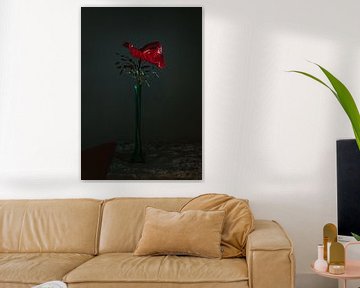 Red Anthurium in long green crystal vase, still life photography