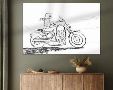 Het vrijheidsgevoel van een motorrijder (tekening houtskool vrouw zwart wit motor Harley road trip) van Natalie Bruns