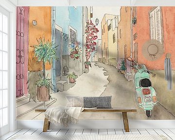 On the road with the green scooter (cheerful watercolor painting narrow street village vacation Vesp by Natalie Bruns