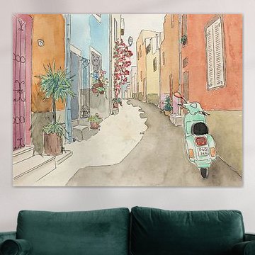 On the road with the green scooter (cheerful watercolor painting narrow street village vacation Vesp