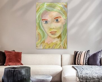 Hypnose (Aquarellmalerei Porträt Gesicht Frau close up Augen Lippen Frisur Expressionismus Zombie) von Natalie Bruns
