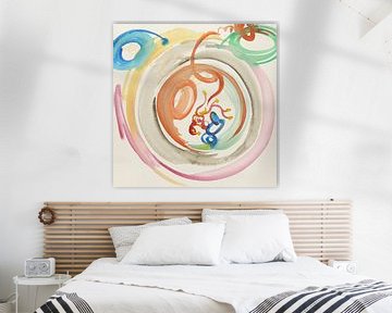 Abstract circles (cheerful watercolor painting galaxy circles planets retro blue green orange pink) by Natalie Bruns