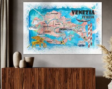 Venetië Italië Geïllustreerde kaart met de belangrijkste kanalen bezienswaardigheden en hoogtepunten