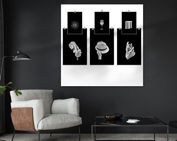 Collage handen en hun betekenis in zwart wit van Marianne van der Zee