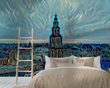 Schilderij vanaf Groninger Forum: Skyline van Groningen met de Martinitoren van Slimme Kunst.nl