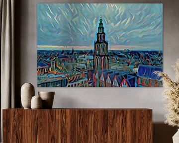 Schilderij vanaf Groninger Forum: Skyline van Groningen met de Martinitoren