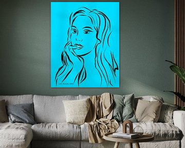 Portret van een vrouw op turquoise achtergrond van Lida Bruinen