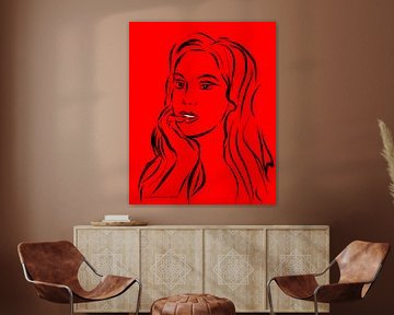 Portret van een vrouw op rode achtergrond van Lida Bruinen