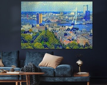 Skyline Rotterdam in de stijl van Van Gogh van Slimme Kunst.nl