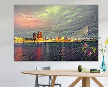 Kleurrijk schilderij Rotterdam: Nieuwe Maas Rotterdam met Erasmusbrug van Slimme Kunst.nl