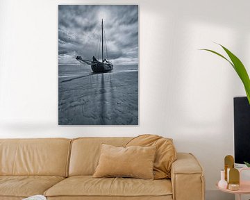 Sailing ship on a sandbank on the Wadden Sea by Bas Meelker