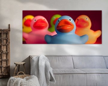 Gros plan sur les canards de bain colorés et joyeux sur Andrea Diepeveen