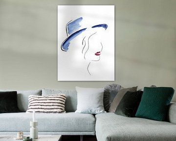 La dame au chapeau bleu (aquarelle portrait femme dessin au trait)
