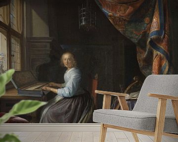 Een vrouw die een klavichord speelt, Gerrit Dou...