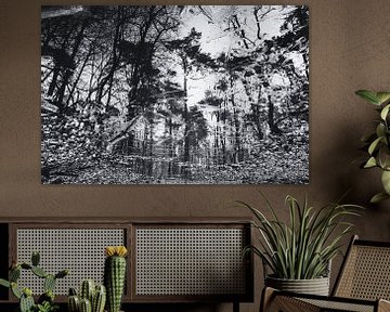 Abstracte zwart-wit foto van bomen in bevroren plas van Paul van Putten
