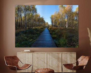 Wooden footbridge in a birch forest by Gottfried Carls