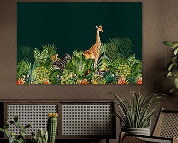 Jungle avec girafe, zèbre et oiseaux.