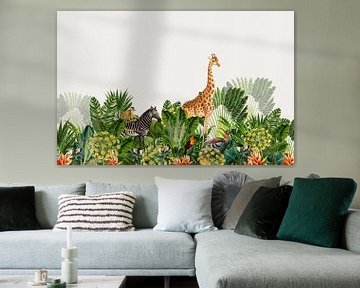 Botanische prent jungle met giraffe en zebra van Studio POPPY