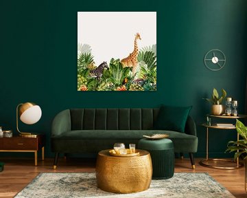 Böhmisches Bild, botanisch mit Dschungeltieren wie Zebra und Giraffe von Studio POPPY