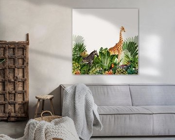 Böhmisches Bild, botanisch mit Dschungeltieren wie Zebra und Giraffe von Studio POPPY
