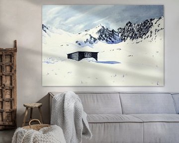 Afgelegen winter cabine omringt door sneeuw en bergen (aquarel schilderij landschap skiën Oostenrijk