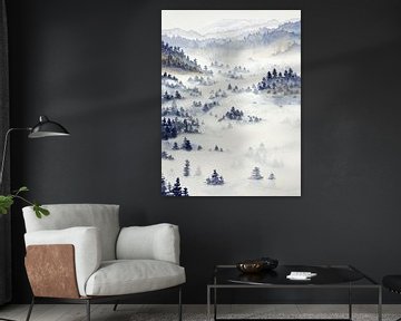 Neblige Landschaft an einem kalten Wintermorgen (Aquarellmalerei Landschaft Bäume Wald Berge Hinterg