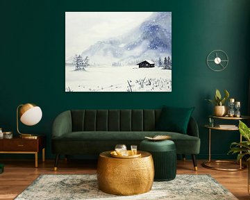 Sneeuwstorm bij de afgelegen winter cabine (aquarel schilderij landschap skiën mancave sneeuw bergen