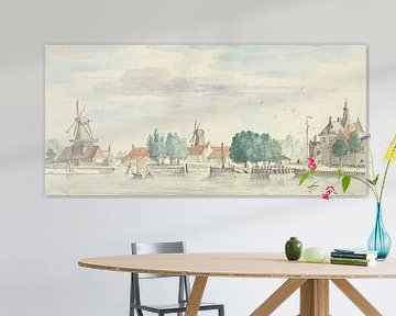 Gezicht op Dordrecht met de Rietdijkspoort en windmolens, Aert Schouman