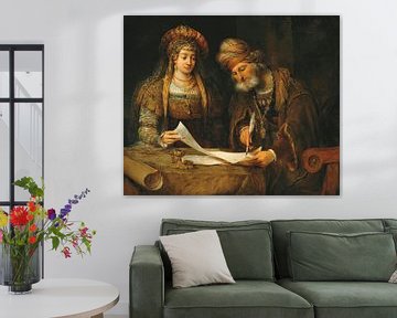 Esther en Mordecai schrijven de eerste brief van Purim, Aert de Gelder.