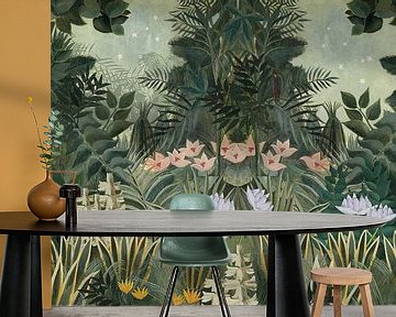Wunderschönes botanisches Bild des Dschungels mit Farnen und Blumen von Studio POPPY