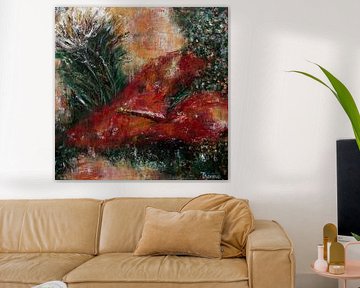 Bloemenschilderij met oranje achtergrond. Retro stijl.