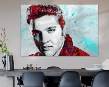 Elvis Presley Abstraktes Pop-Art-Portrait in Rot mit Hellblau von Art By Dominic
