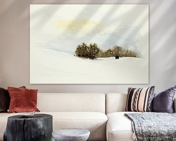 Winterzonnetje in skigebied (aquarel schilderij landschap winter skiën sneeuw Zwitserland Oostenrijk van Natalie Bruns
