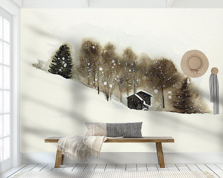 Sfeerimpressie behang: Skipiste met houten cabines van Natalie Bruns
