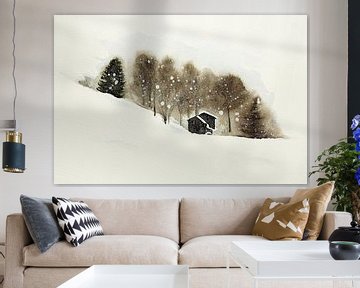 Skipiste met houten cabines (aquarel schilderij landschap winter skiën sneeuw bergen Zwitserland) van Natalie Bruns