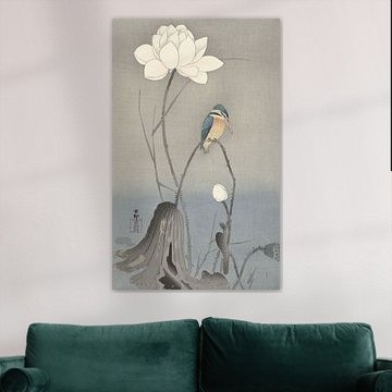 Eisvogel sitzend auf gebogenem Stiel in der Nähe der weißen Lotusblume von Ohara Koson