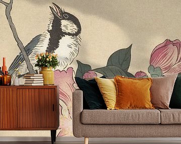 Koolmees op tak met roze bloemen van Ohara Koson