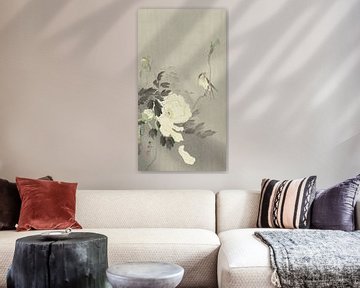 Oiseau sur une branche de la pivoine blanche en fleur de Ohara Koson