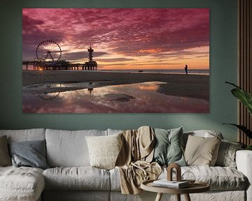 Panorama of Scheveningen Pier and Ferris wheel during Sunset