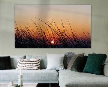 The sunset over the sea as seen through the marram grass on top of the dune by Alex Hamstra