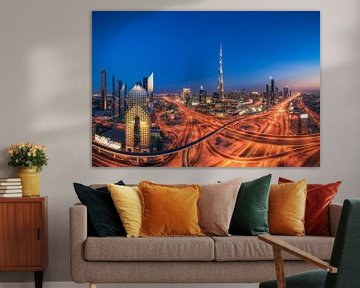 Dubai Downtown Skyline op het blauwe uur van Jean Claude Castor