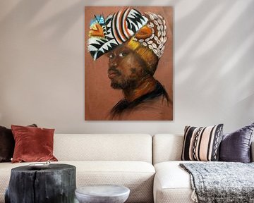 African man with colourful headdress. Hand-painted. by Ineke de Rijk