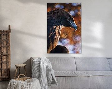 La tête de l'aigle royal, un regard menaçant, un bec recourbé, sur un fond flou de peinture d'automn sur Michael Semenov