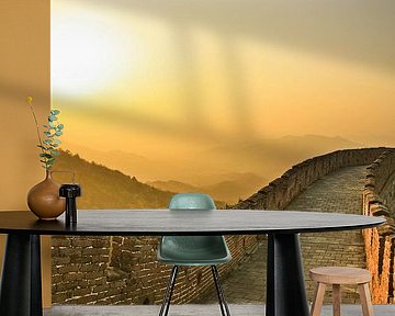 Sunset on the great wall of China, the air is saturated with smog - a red sunset by Michael Semenov