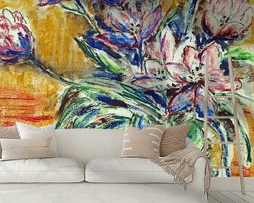 Tulpen in einer Vase. Handbemalt mit Ölkreide.