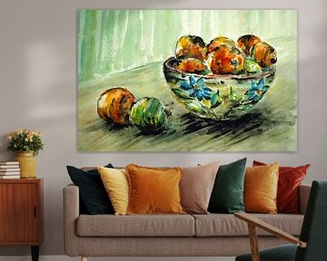 Bowl with fruit. Hand-painted watercolour. by Ineke de Rijk