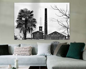 Industrial buildings with palm tree, black and white by Maud De Vries