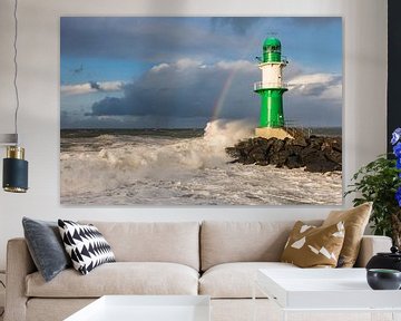 Lighthouse in Warnemunde during storm by Werner Dieterich